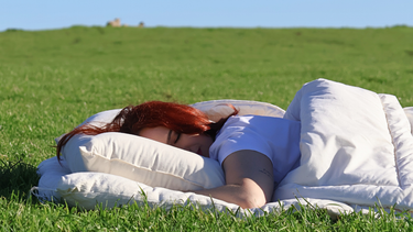 A woman sleeping in a green field wrapped in a wool comforter