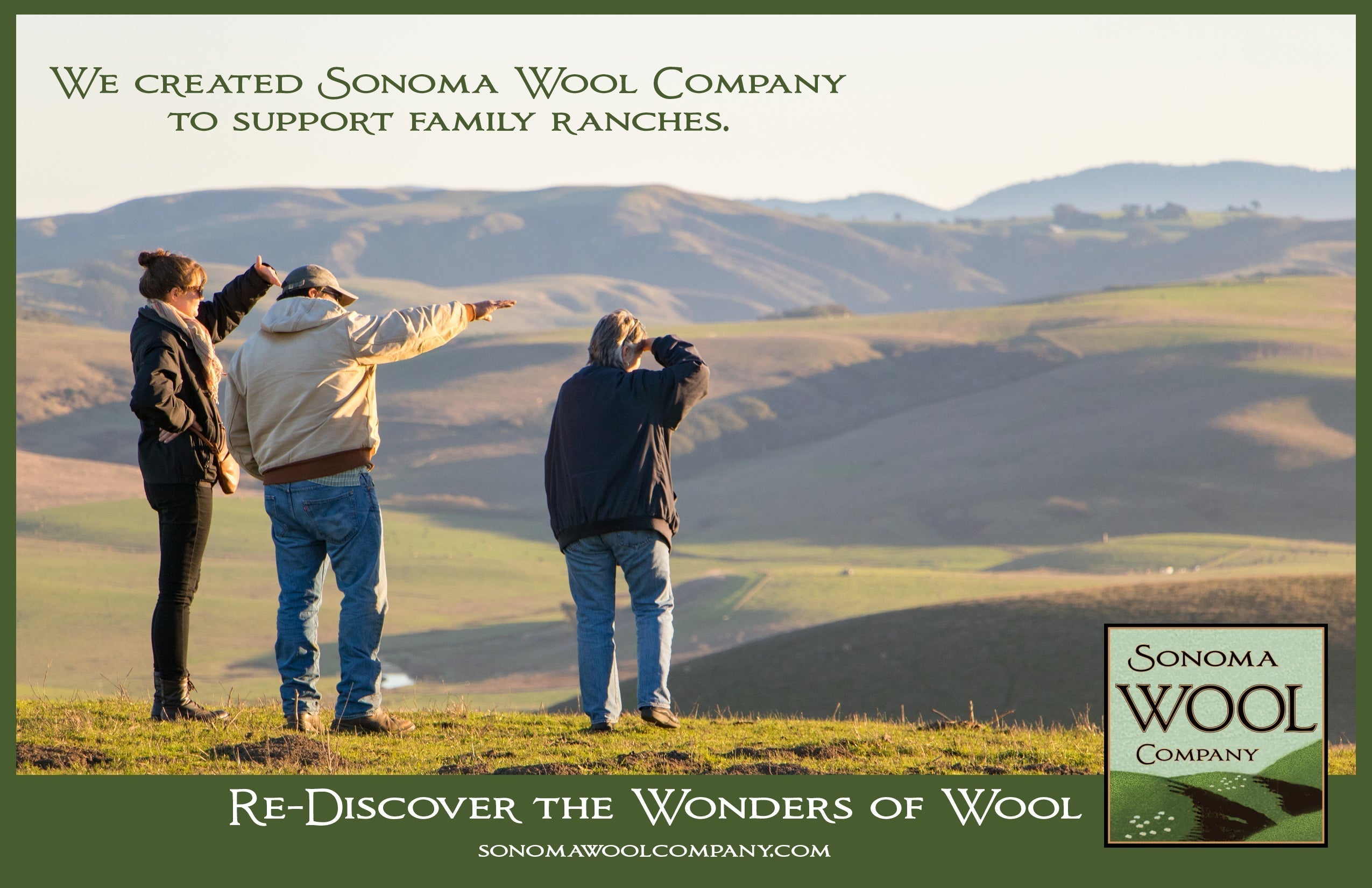 Three ranchers surveying vast Sonoma hillsides at sunset, showcasing sustainable wool farming practices and family-owned ranch heritage in California's wool industry