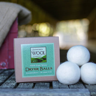 Sustainable wool dryer balls from Sonoma Wool Company, featuring 100% pure wool eco-friendly laundry solution, packaged in recyclable box with natural white felted balls